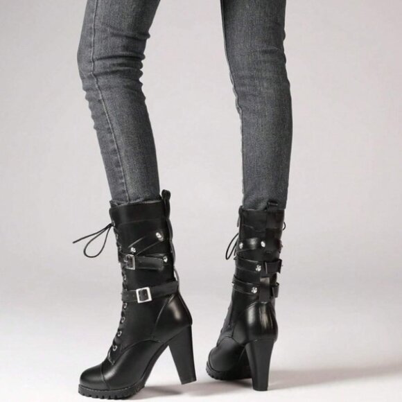 Women's High-heeled Lace-up Platform Boots - Picture 1 of 6